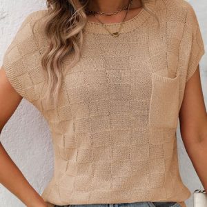 Crew Neck Short Sleeve Plain Lightweight Medium Elasticity Regular Fit Shirt For Women, Blouses, color:Khaki|size:XL, catalog Noracora shop