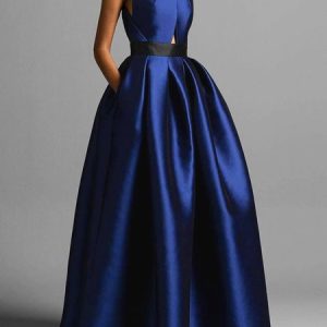 Formal Pockets Halter  Maxi Dress, Maxi Dresses, color:Deep Blue|size:XXL, Stylewe