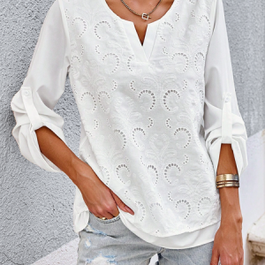 V Neck Long Sleeve Plain Hollow Out Regular Loose Blouse For Women, Blouses, color:White|size:XXL, catalog Noracora shop
