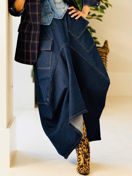 Denim Cargo Pockets Loose Denim Skirt, Denim Skirts, color:Blue|size:XXL, Stylewe