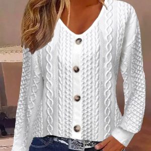 V Neck Long Sleeve Plain Lace Regular Regular Fit Blouse For Women, Blouses, color:White|size:XXL, catalog Noracora shop