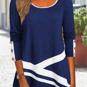 Crew Neck Long Sleeve Color Block Regular Loose Blouse For Women, Blouses, color:Blue|size:3XL, catalog Noracora shop