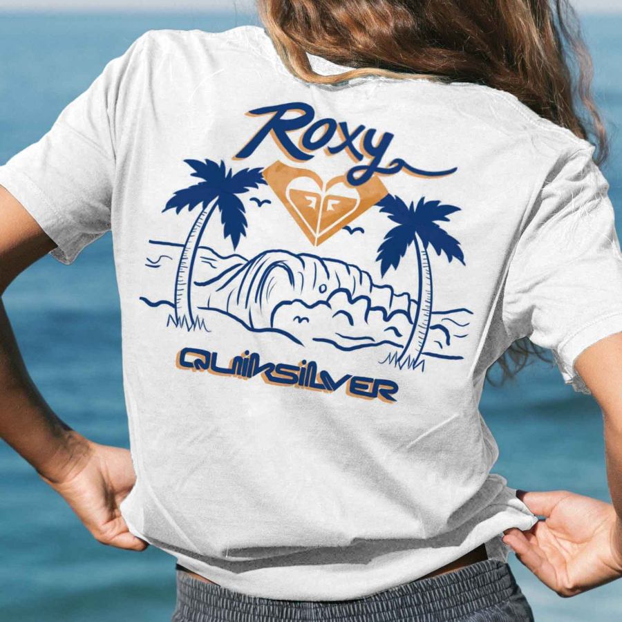 Women's Roxy Palm Tree Surf Print Casual Beach Vacation Short Sleeve T-Shirt, women tops, COTOSEN