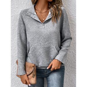 Women's Textured Stand Collar Casual Pocket Sweatshirt, women tops, COTOSEN