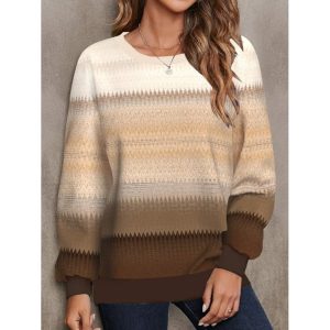 Women's Retro Imitation Sweater Gradient Print Christmas Holiday Round Neck Casual Sweatshirt, women tops, COTOSEN