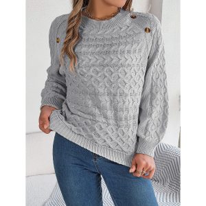 Women's Solid Color Twist Button Lantern Sleeve Pullover Sweater, women tops, COTOSEN