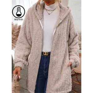 Women's Casual Coral Warm Velvet Hooded Zipper Mid-length Sweatshirt Coat, women tops, COTOSEN