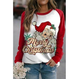 Women's Christmas Santa Claus Print Contrast Color Round Neck Sweatshirt, women tops, COTOSEN