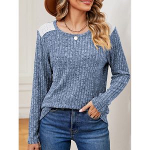 Women's Ribbed Brushed Contrast Color Stitching Long-sleeved Round Neck T-shirt Top, women tops, COTOSEN