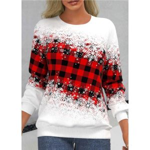Women's Retro Plaid Gradient Print Christmas Vacation Round Neck Casual Sweater, women tops, COTOSEN