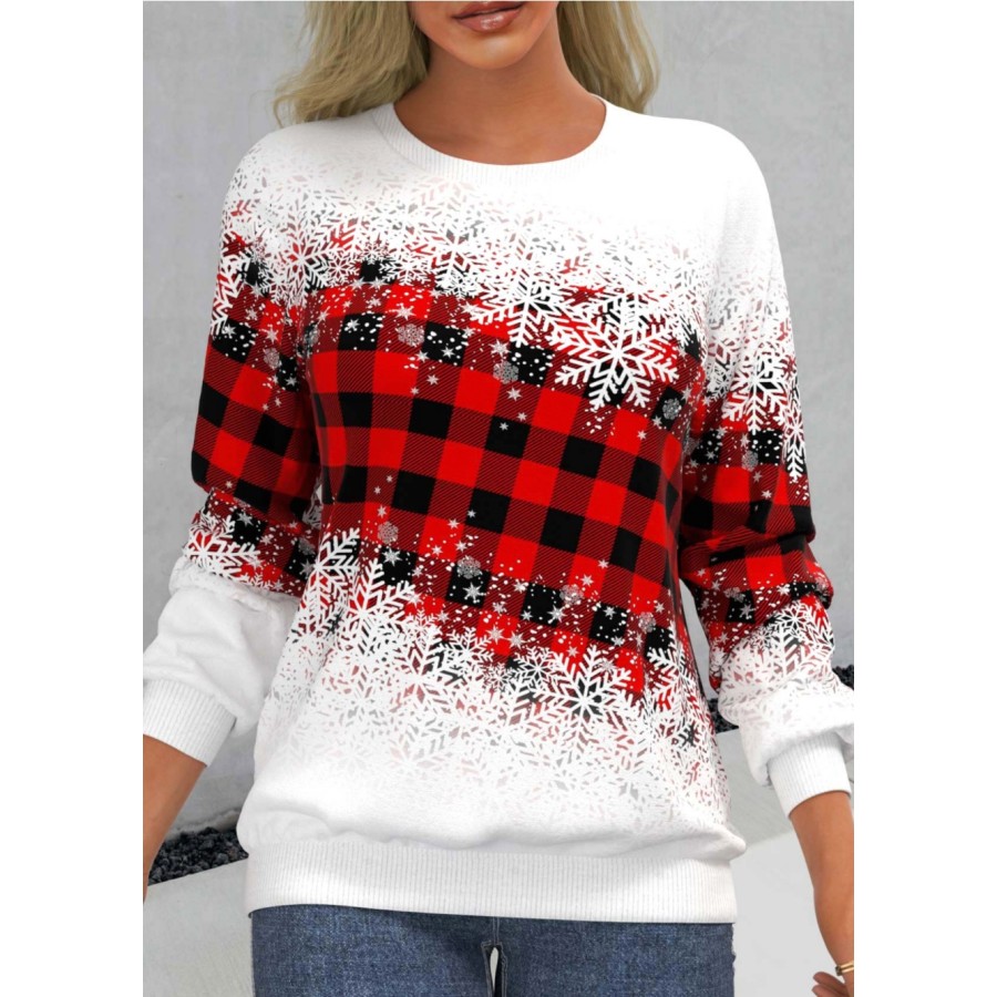 Women's Retro Plaid Gradient Print Christmas Vacation Round Neck Casual Sweater, women tops, COTOSEN