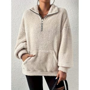Women's Loose Fleece Zipper Stand Collar Pocket Sweatshirt, women tops, COTOSEN
