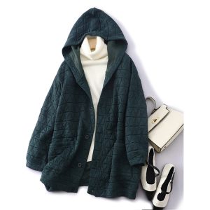 Women's Pocket Hooded Mid-length Cotton Coat, women tops, COTOSEN