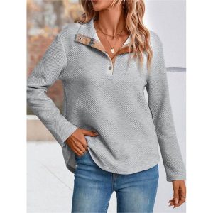 Women's Casual Plaid Button Lapel Long Sleeve Sweatshirt, women tops, COTOSEN