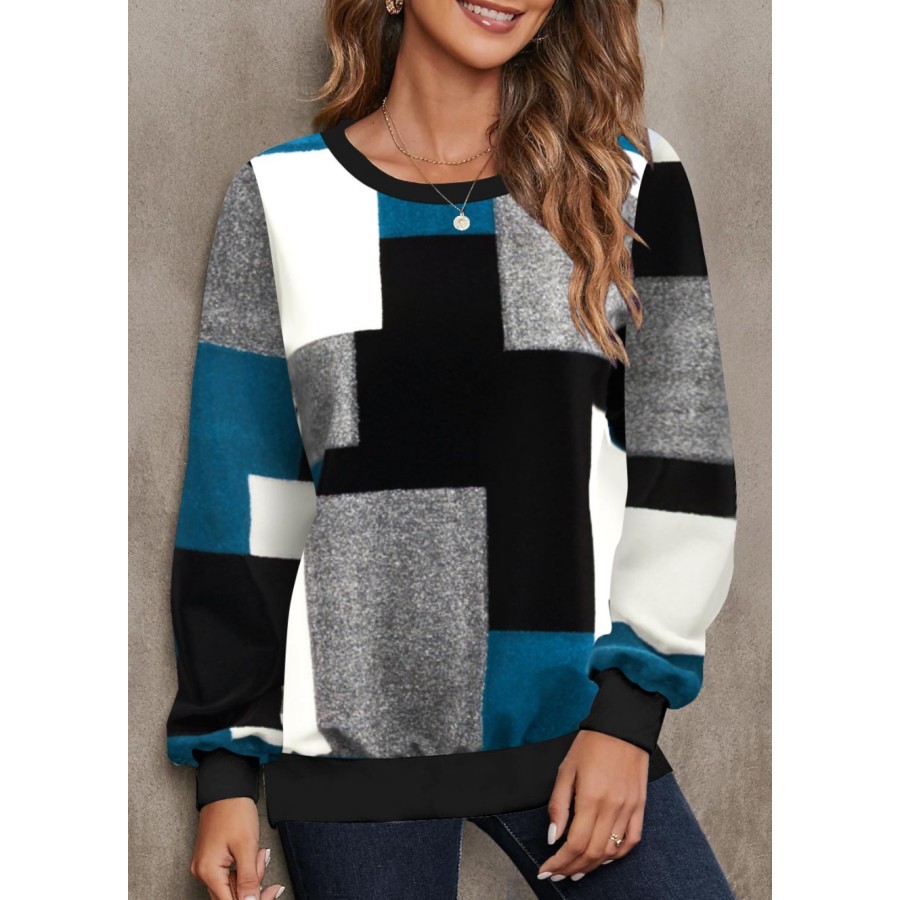 Women's Retro Geometric Picture Color Block Print Daily Vacation Round Neck Casual Sweater, women tops, COTOSEN