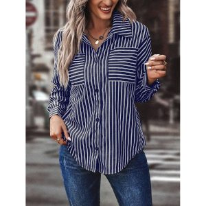 Women's Retro Casual Striped Pocket Shirt, women tops, COTOSEN