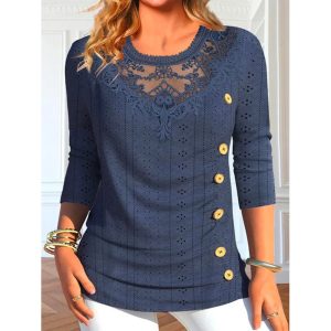 Women's Lace Stitching Mesh Knitted Long-sleeved Top, women tops,  COTOSEN
