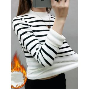 Women's Fleece Striped Black And White Printed Long Sleeve Casual Turtleneck Sweater, women tops, COTOSEN