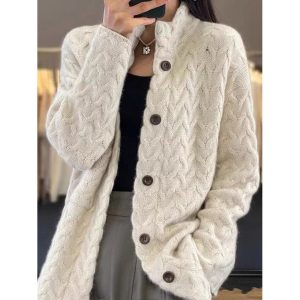Women's Thickened Twist Stand Collar Loose Solid Color Knitted Sweater Cardigan, women tops, COTOSEN