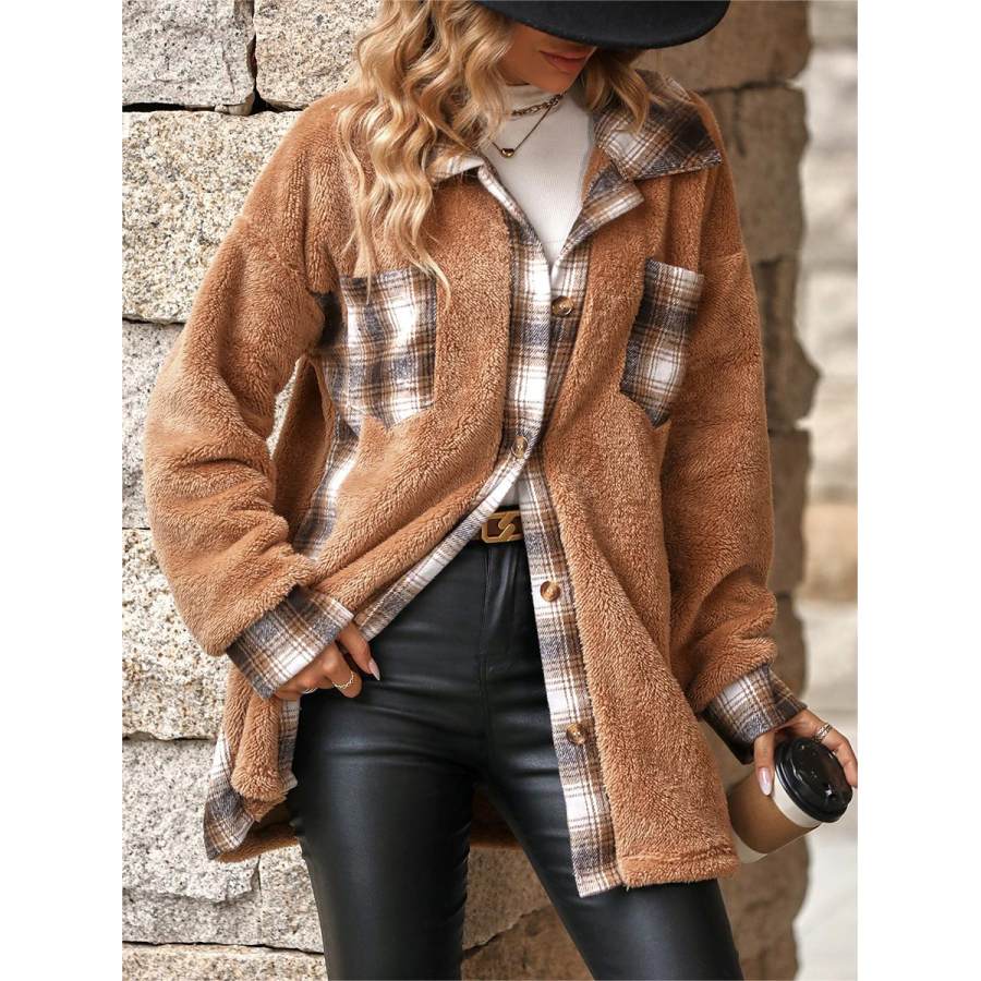 Women's Plaid Patchwork Fleece Pocket Buttoned Mid-length Lapel Jacket, women tops, COTOSEN
