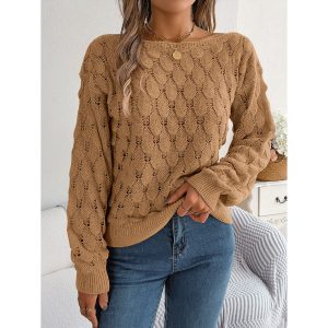 Women's Elegant Casual Feather Hollow One-Neck Off-Shoulder Balloon Sleeve Sweater, women tops, COTOSEN