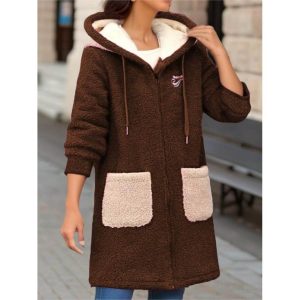 Women's Casual Contrast Color Pocket Mid-Length Zipper Cardigan Fleece Hooded Jacket, women tops, COTOSEN