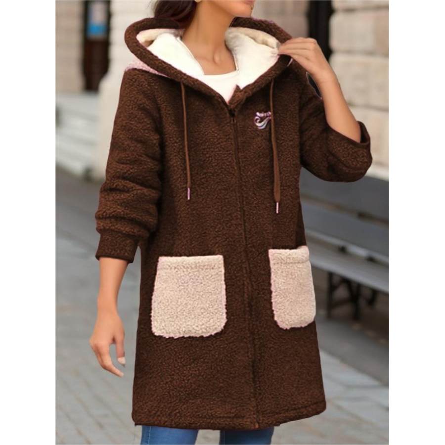 Women's Casual Contrast Color Pocket Mid-Length Zipper Cardigan Fleece Hooded Jacket, women tops, COTOSEN