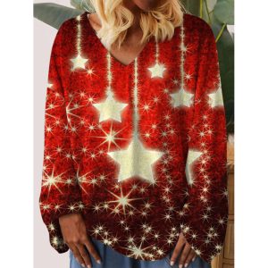 Women's Retro Christmas Snowflake Print V-Neck Long Sleeve T-Shirt, women tops,  COTOSEN