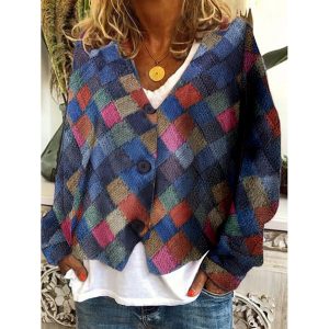 Women's Retro Color Plaid Contrast Print V-Neck Knitted Cardigan, women tops, COTOSEN