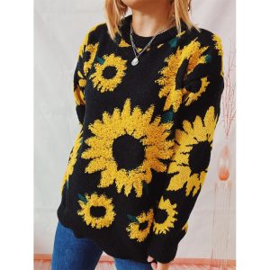 Women's Sunflower Jacquard Round Neck Long Sleeve Knitted Pullover Sweater, women tops, COTOSEN