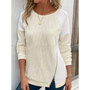 Men's Solid Color Patchwork Zipper Crew Neck Sweatshirt, women tops, COTOSEN