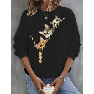 Women's 3D Cute Cat Print Round Neck Long Sleeve Sweatshirt, women tops, COTOSEN
