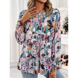 Women's Colorful Floral Print Temperament Casual Long Sleeve Ruffle Top Blouses, women tops, COTOSEN