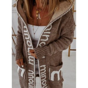 Women's Letter Print Loose Mid-length Knitted Cardigan Hooded Coat, women tops,  COTOSEN