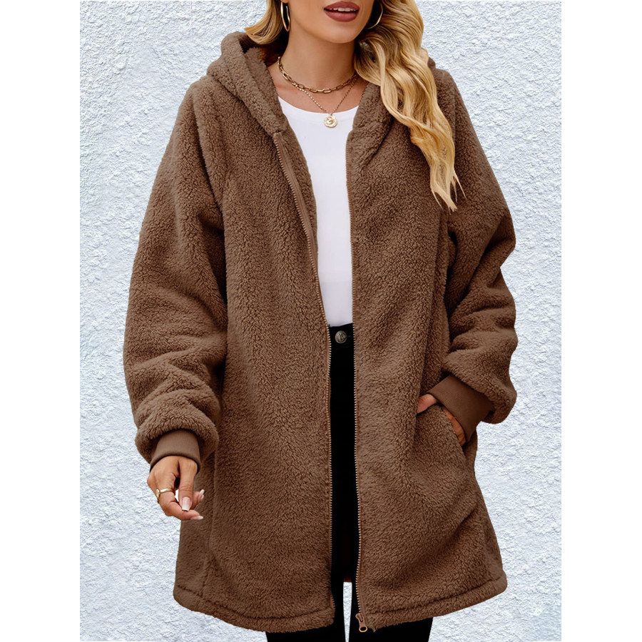 Women's Loose Polar Fleece Long Sleeve Hooded Zipper Sweatshirt Jacket, women tops, COTOSEN