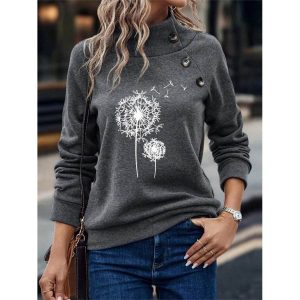 Women's Floral Print Button Stand Collar Casual Sweatshirt, women tops, COTOSEN