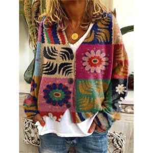 Women's Geometric Floral Color Print V-Neck Fleece Knitted Cardigan, women tops, COTOSEN