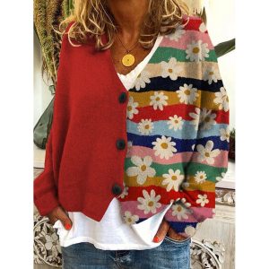 Women's Floral Color Print Contrast V-Neck Fleece Knitted Cardigan, women tops, COTOSEN