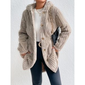 Women's Thickened Plush Hooded Cardigan Waist Long Coat, women tops, COTOSEN