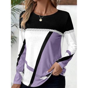 Women's Casual Geometric Color Block Casual Long Sleeve Top, women tops, COTOSEN