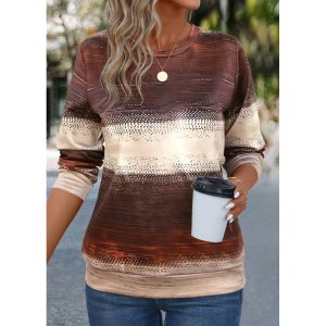 Women's Gradient Stripe Print Casual Round Neck Sweatshirt Christmas Holiday Party Sweatshirt, women tops, COTOSEN