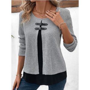 Women's Button Round Neck Fake Two Piece Knitted Top, women tops, COTOSEN