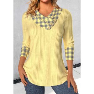 Women's Plaid Patchwork V-neck Knitted Pit Top, women tops, COTOSEN