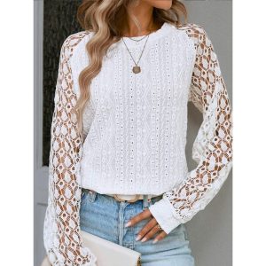 Women's Lace Solid Color Splicing Round Neck Long Sleeve Casual Blouses, women tops, COTOSEN