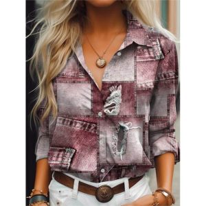 Women's Vintage Denim Patchwork Printed Shirt, women tops, COTOSEN