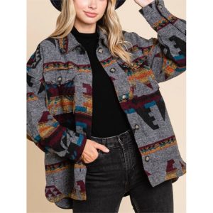 Women's Aztec Retro Ethnic Style Geometric Woolen Loose Jacket, women tops, COTOSEN