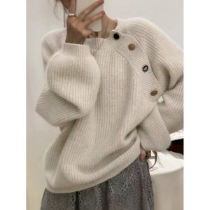 Women's Irregular Button Round Neck Loose Sweater, women tops, COTOSEN