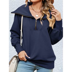 Women's Zippered Large Lapel Shawl Pullover Sweatshirt, women tops, COTOSEN