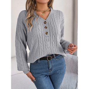 Women's Retro Jacquard Knitted Button V-Neck Balloon Sleeve Sweater, women tops, COTOSEN