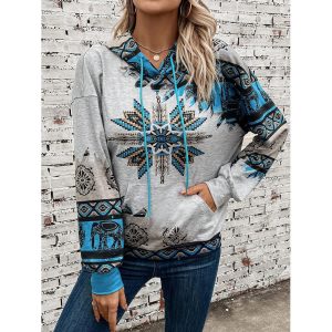 Women's Western Ethnic Print Color Block Hooded Sweatshirt, women tops, COTOSEN